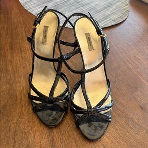 Miu Miu Black Patent Leather Strappy T‑Bar Heels